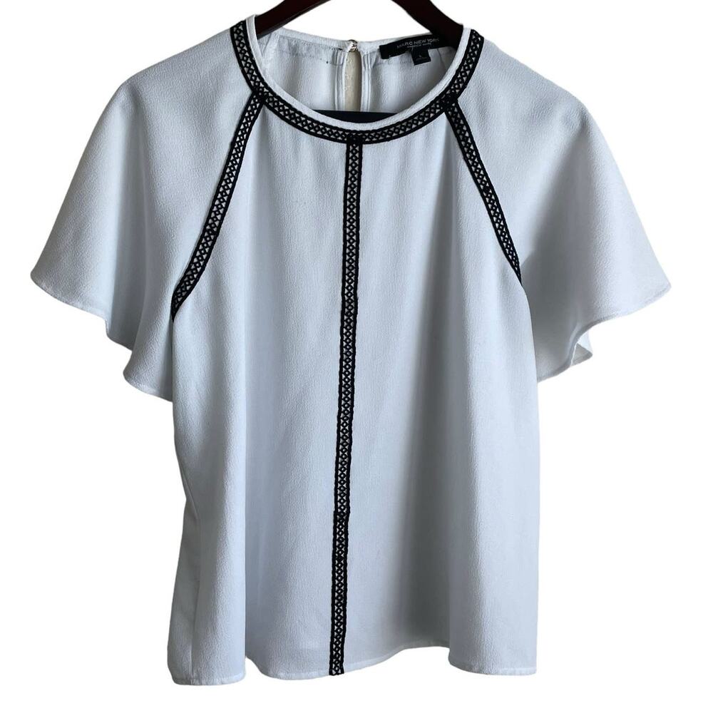 Marc New York Women Top L Black Crochet Trim Short Flare Sleeve‎ Office Travel